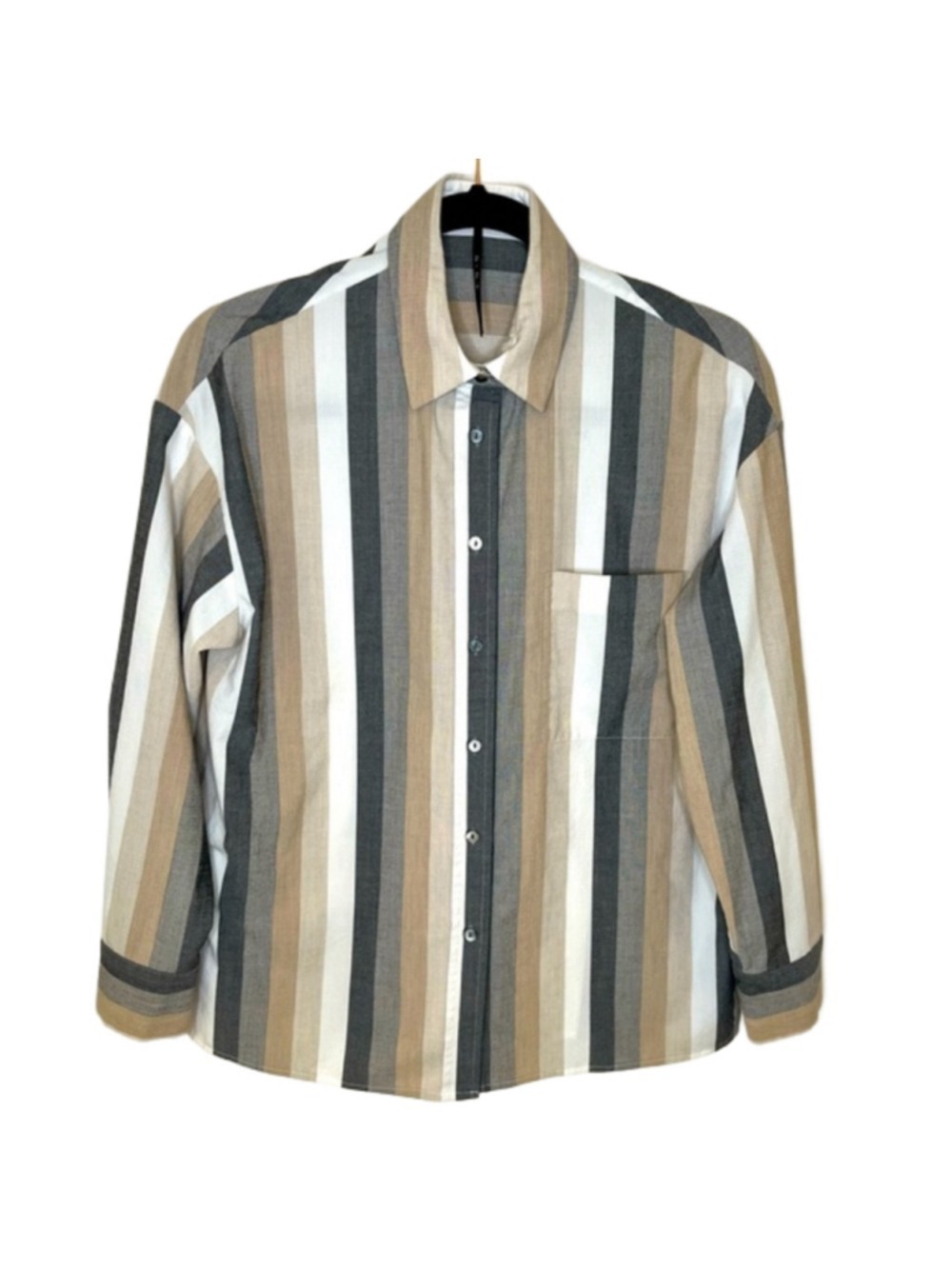 Striped Button Up Long Sleeve Shirt in Neutral Tan, Cream, Faded Black, Small - Picture 3 of 14